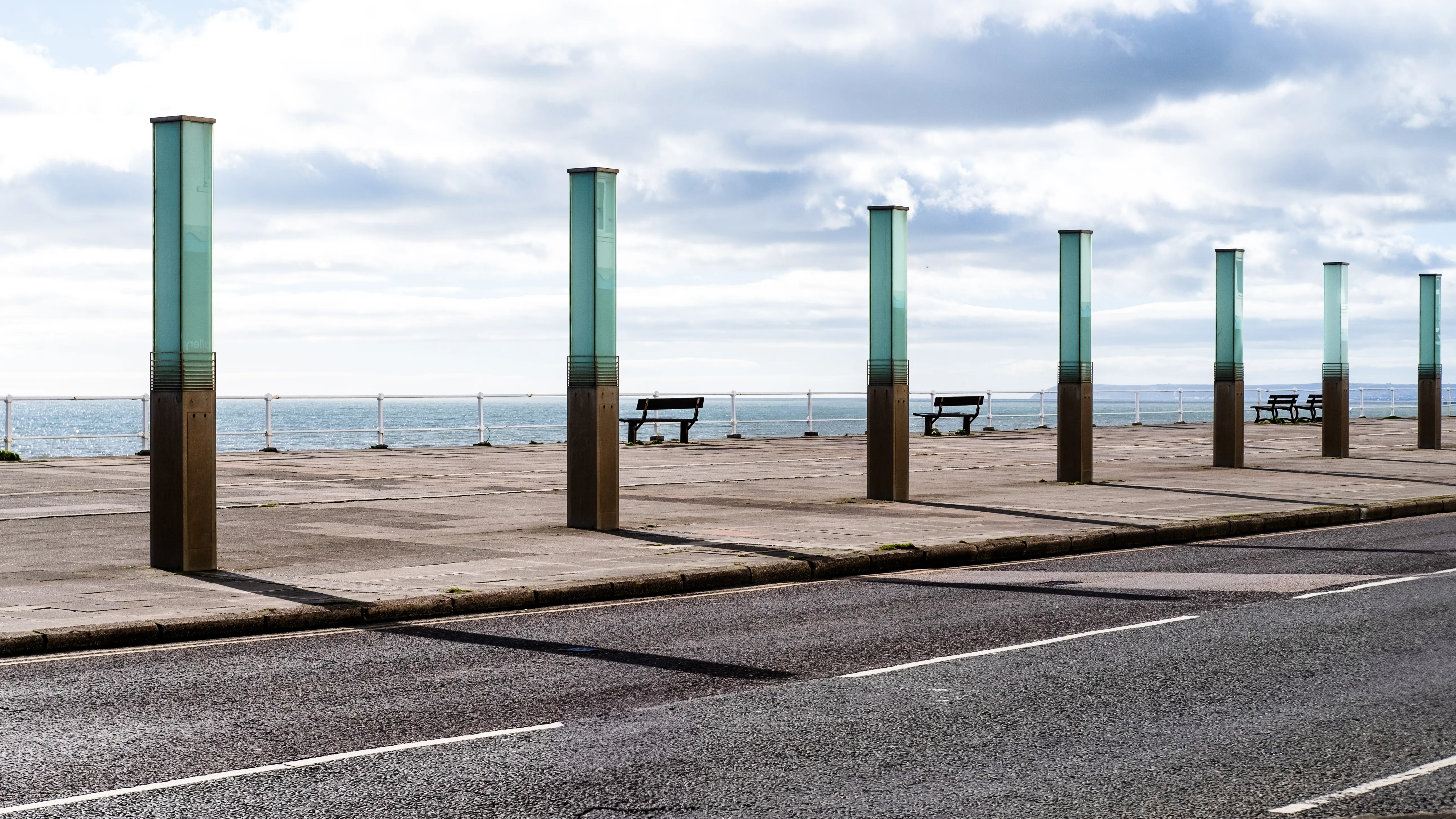 Concrete pillars on the Hastings seafront, looking out to sea