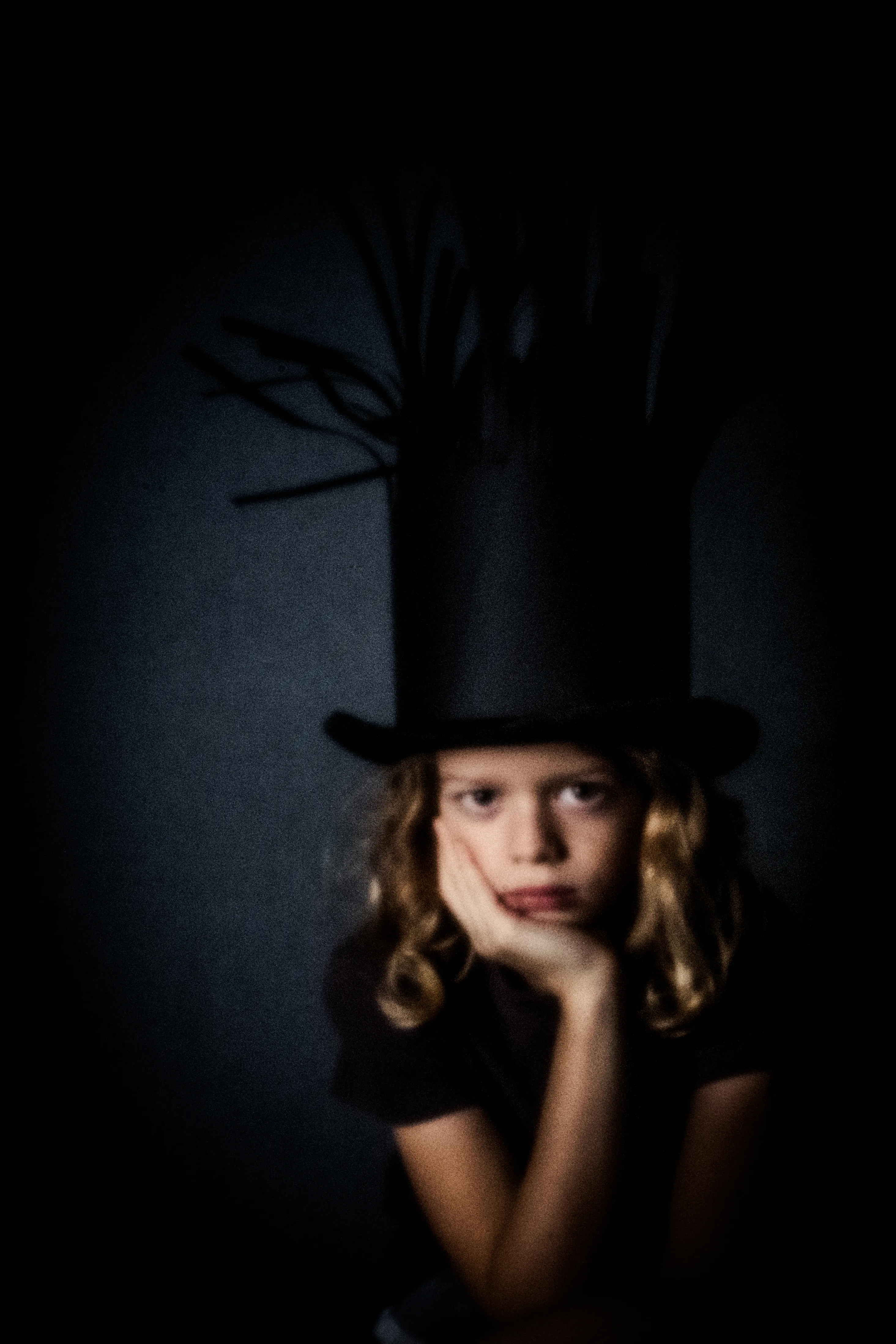 Pinhole portrait of a girl wearing a tall black hat with branches
